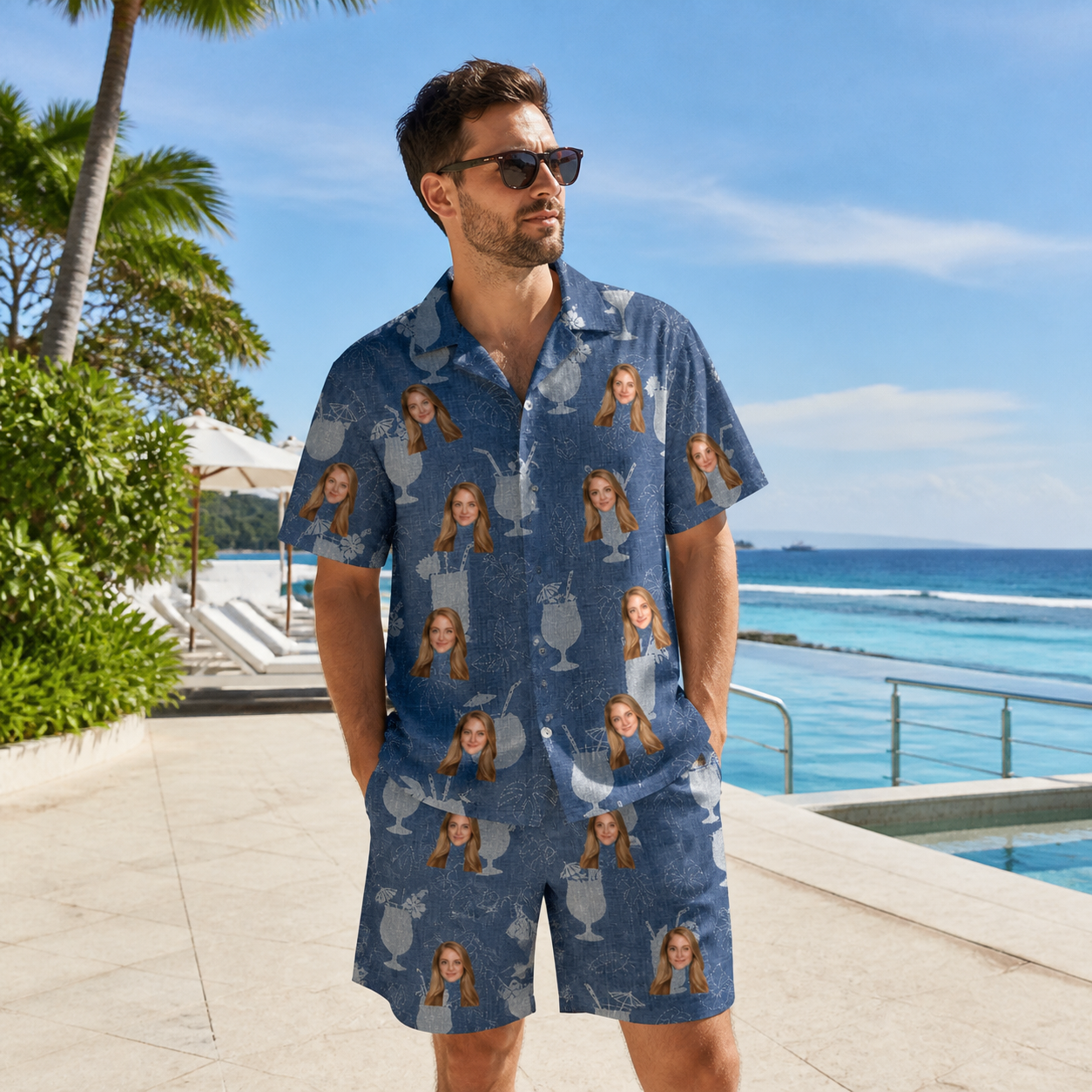 Real-life photo of someone wearing Men's Retro Rhumba Custom Face Shirt & Shorts Set — custom faces printed all-over