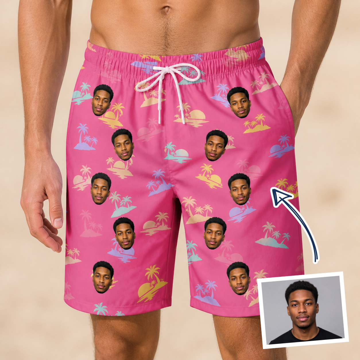 Man wearing Men's Heatwave Hacienda Custom Face Beach Shorts — custom faces printed all-over