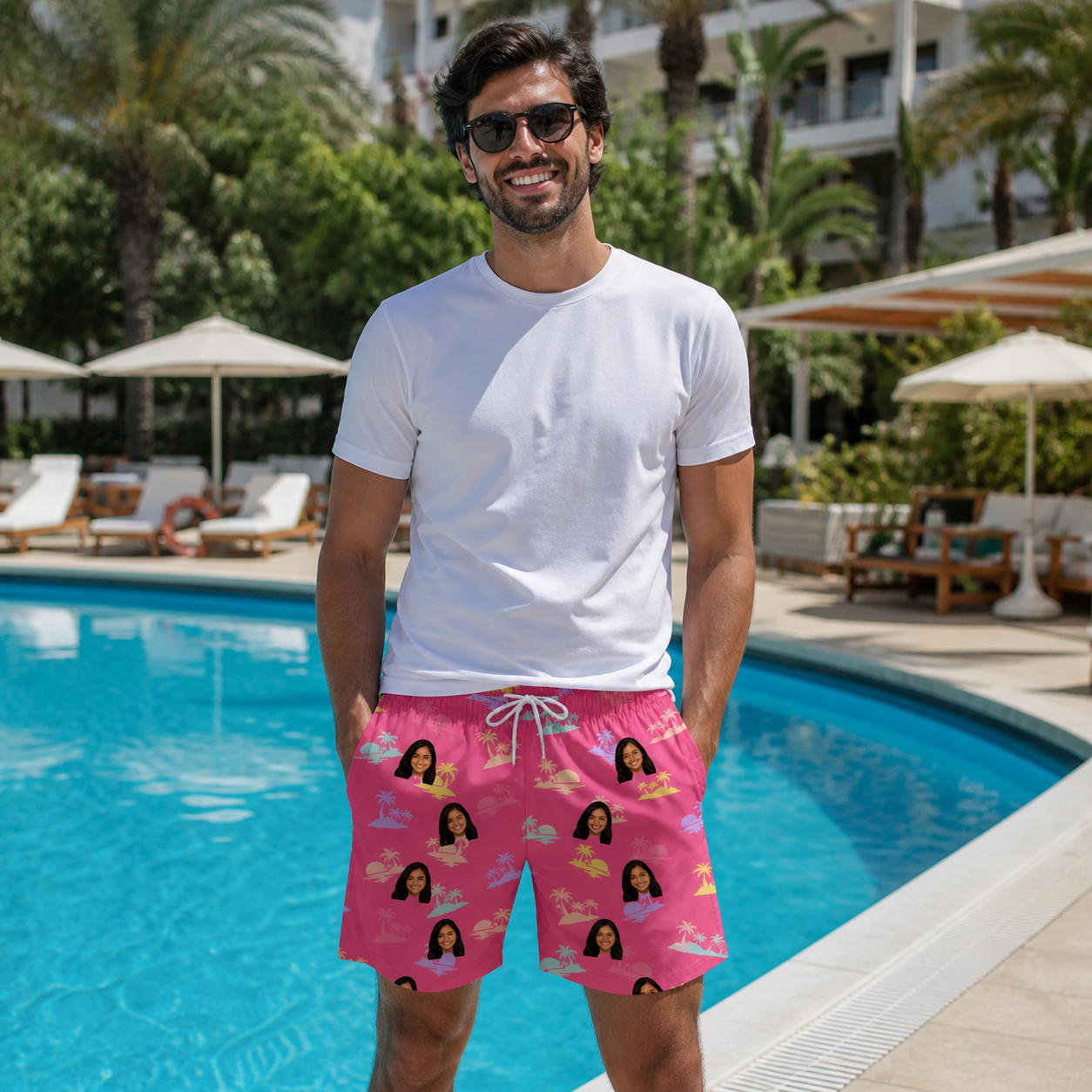 Real-life photo of someone wearing Men's Heatwave Hacienda Custom Face Beach Shorts — custom faces printed all-over