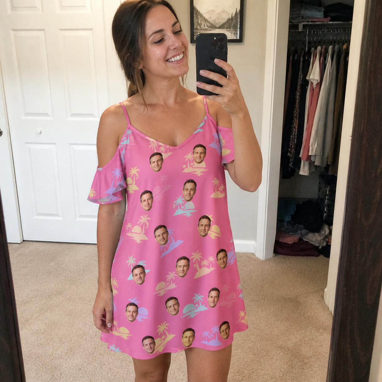 Real-life photo of someone wearing Women's Heatwave Hacienda Custom Face Off-Shoulder Dress — custom faces printed all-over