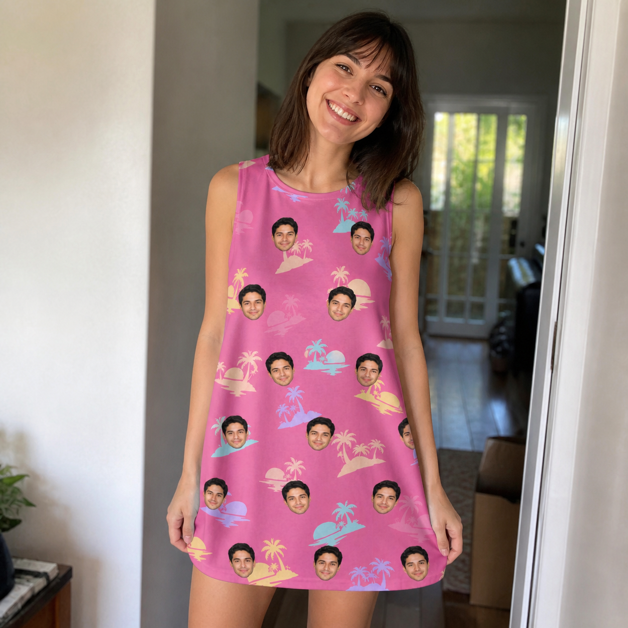 Real-life photo of someone wearing Women's Heatwave Hacienda Custom Face Tank Dress — custom faces printed all-over