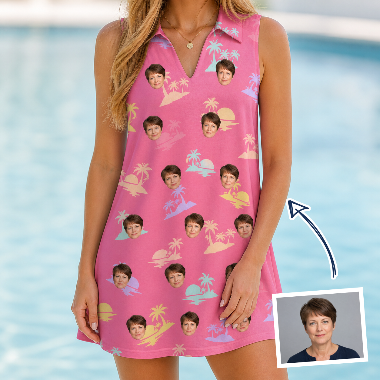 Woman wearing Women's Heatwave Hacienda Custom Face V-Neck Dress — custom faces printed all-over