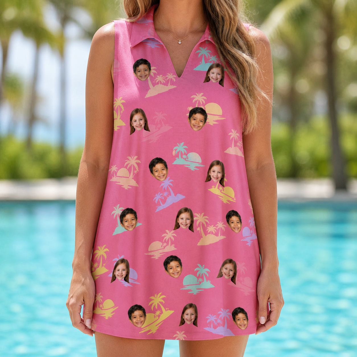 Model wearing Women's Heatwave Hacienda Custom Face V-Neck Dress printed with kids' faces