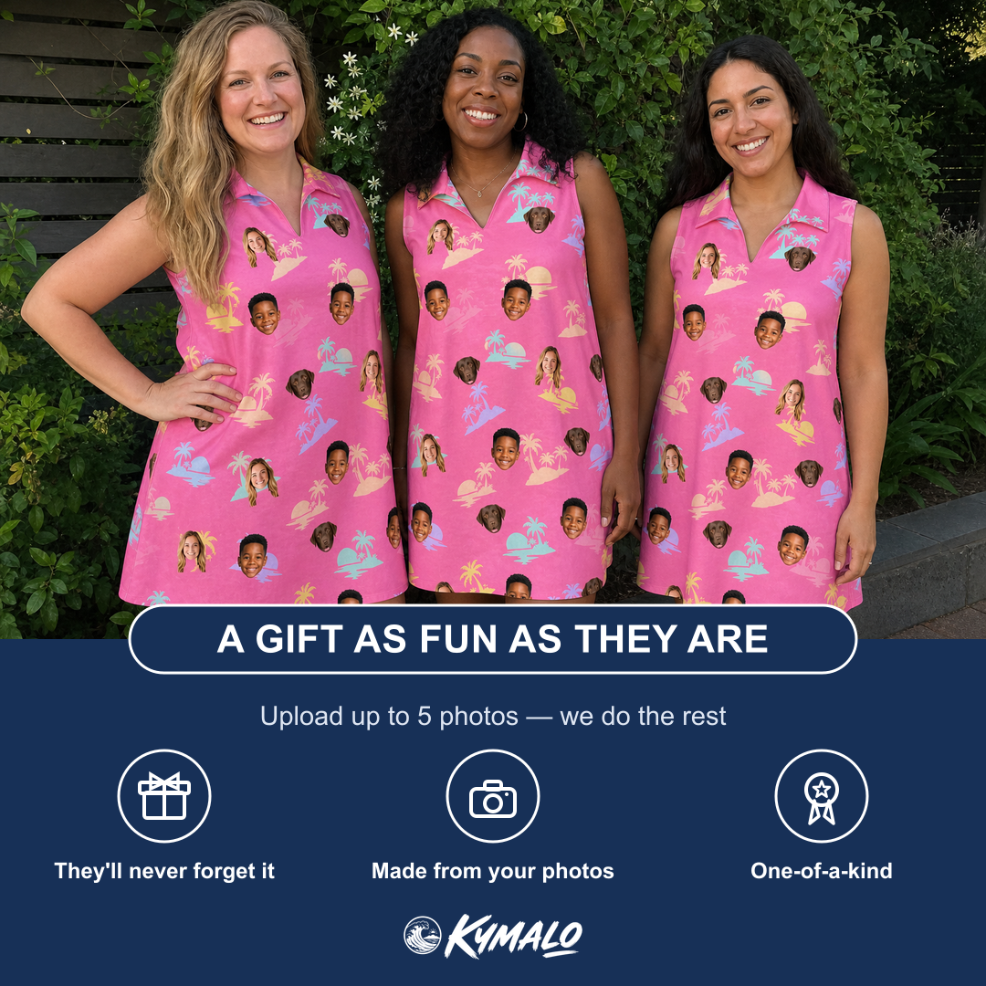 Friends in matching Women's Heatwave Hacienda Custom Face V-Neck Dress — a group gift photo