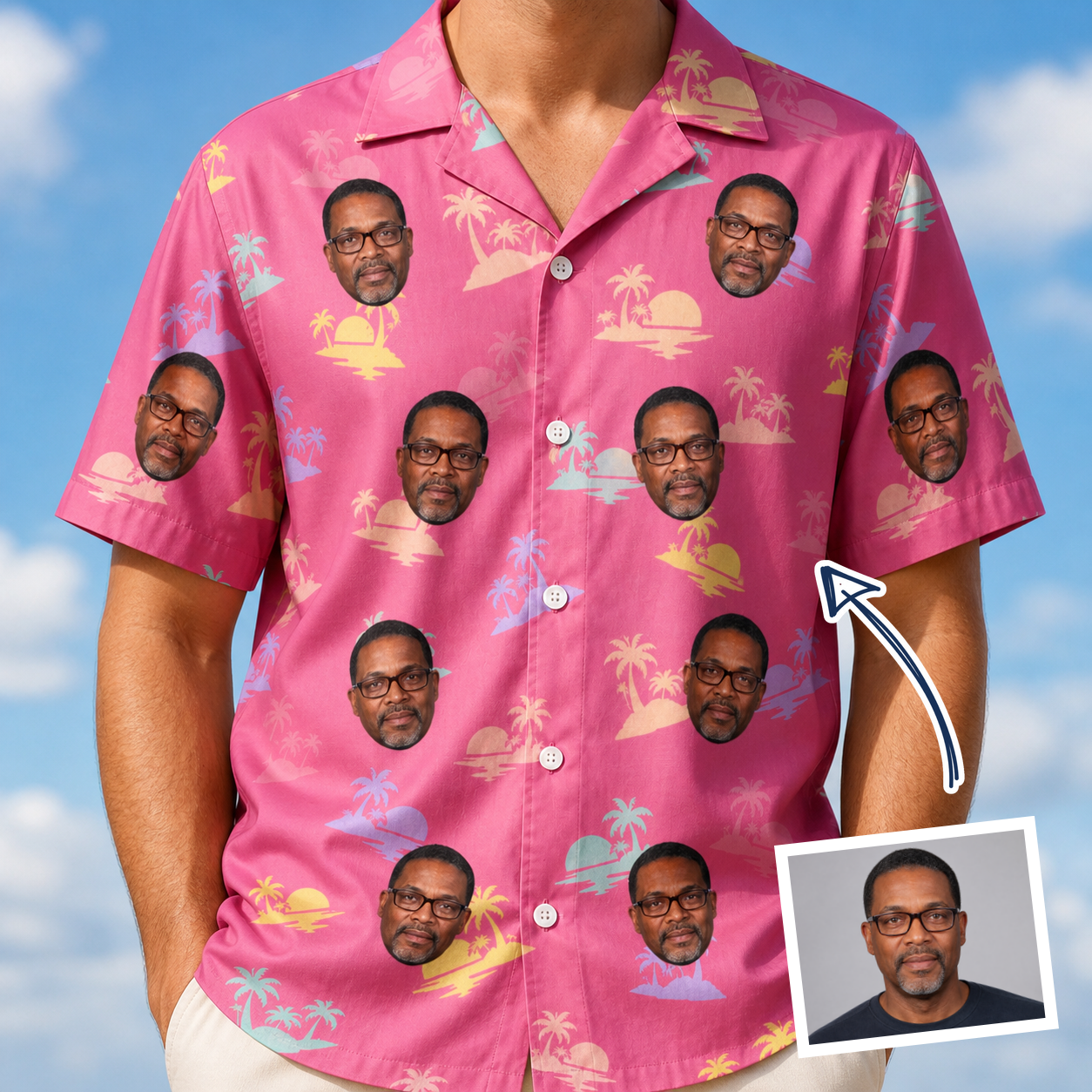 Man wearing Men's Heatwave Hacienda Custom Face Hawaiian Shirt — custom faces printed all-over