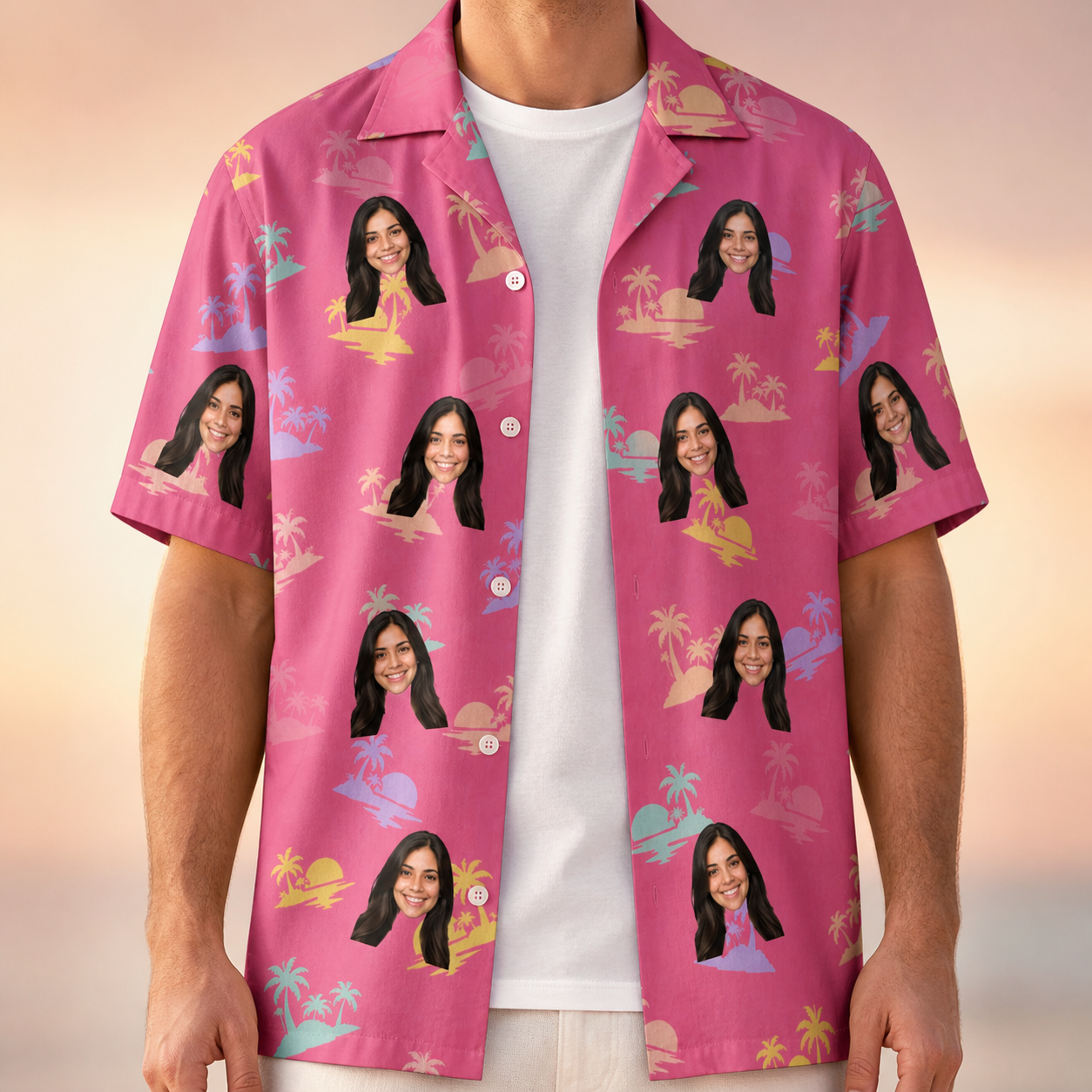 Man wearing Men's Heatwave Hacienda Custom Face Hawaiian Shirt open over a white tee