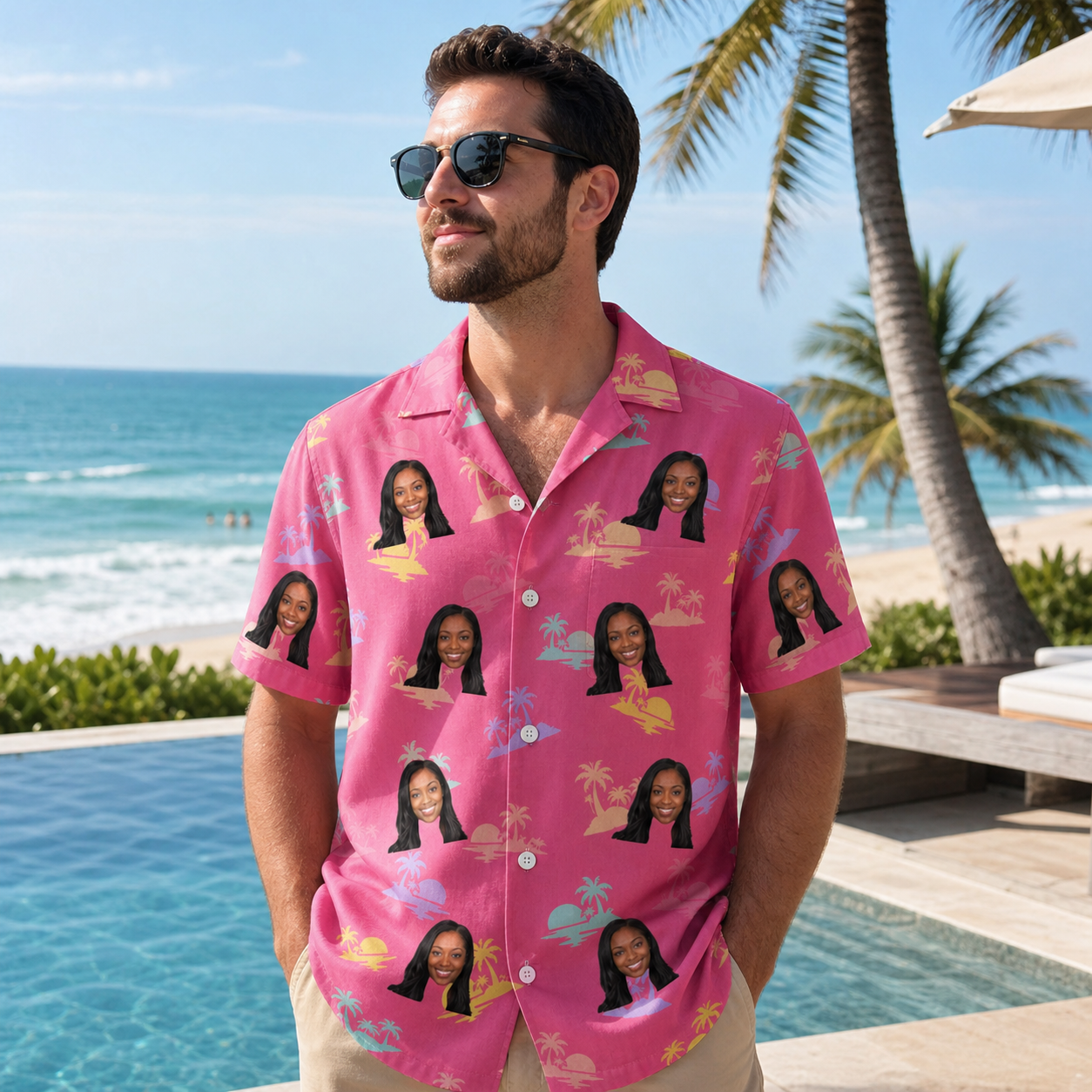 Real-life photo of someone wearing Men's Heatwave Hacienda Custom Face Hawaiian Shirt — custom faces printed all-over