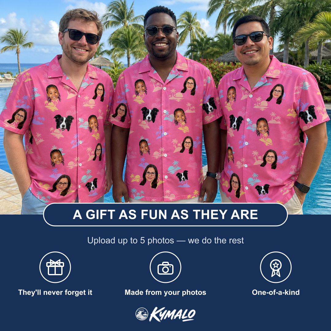 Friends in matching Men's Heatwave Hacienda Custom Face Hawaiian Shirt — a group gift photo