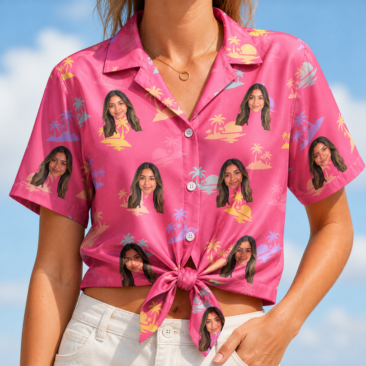Woman wearing Women's Heatwave Hacienda Custom Face Hawaiian Shirt tied at the waist