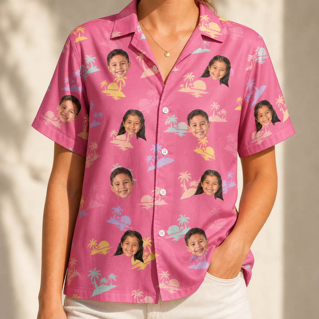 Model wearing Women's Heatwave Hacienda Custom Face Hawaiian Shirt printed with kids' faces