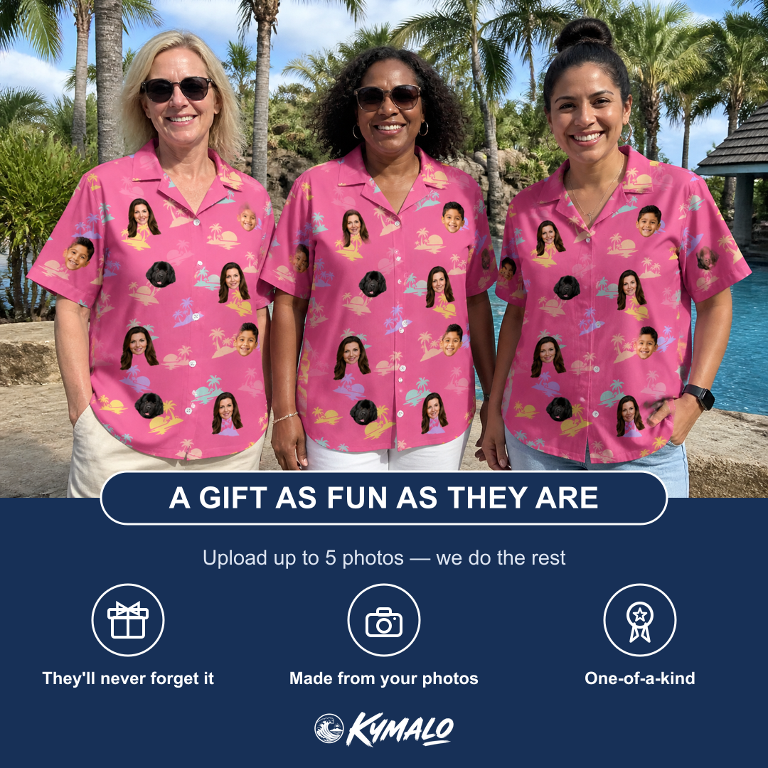 Friends in matching Women's Heatwave Hacienda Custom Face Hawaiian Shirt — a group gift photo