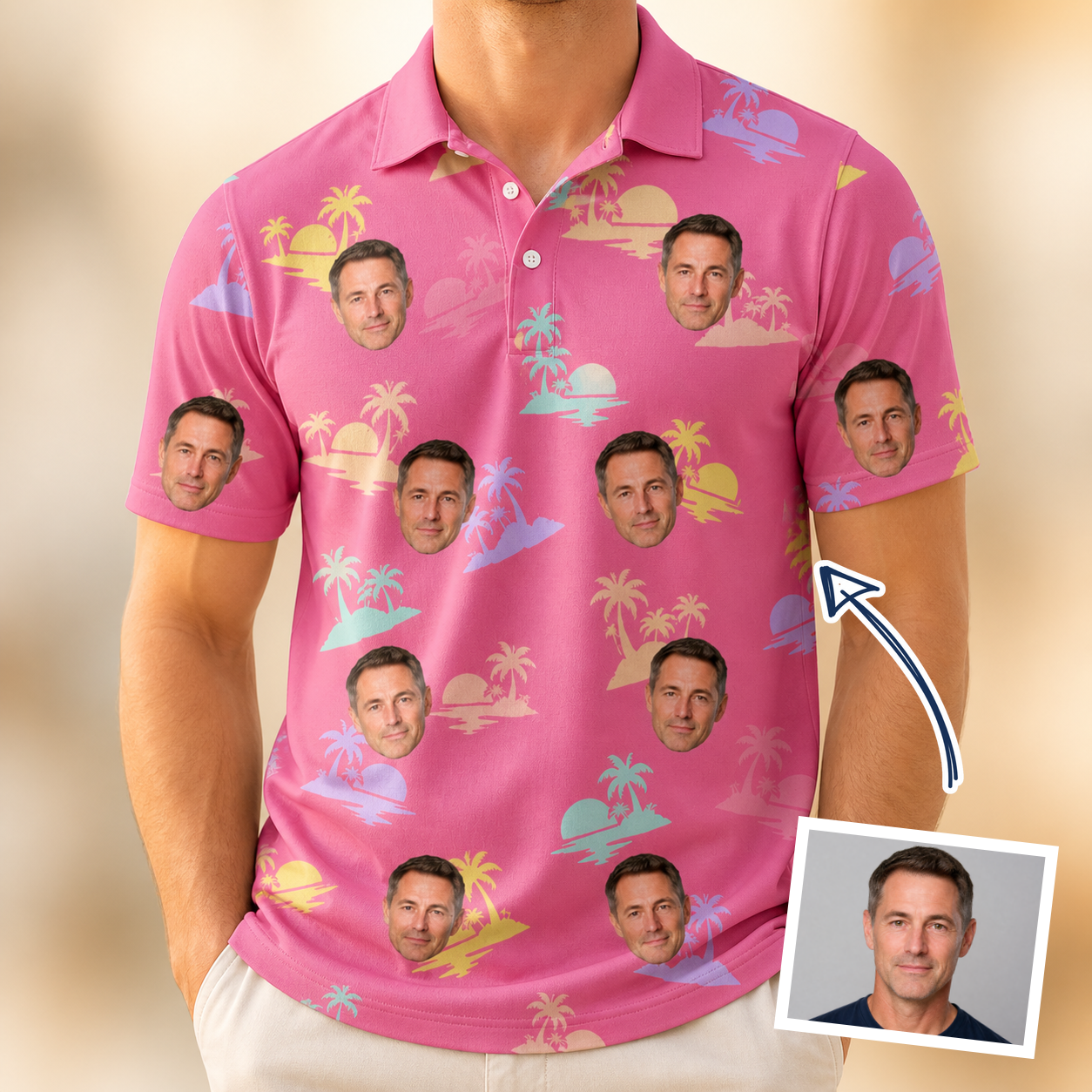 Man wearing Men's Heatwave Hacienda Custom Face Polo Shirt — custom faces printed all-over