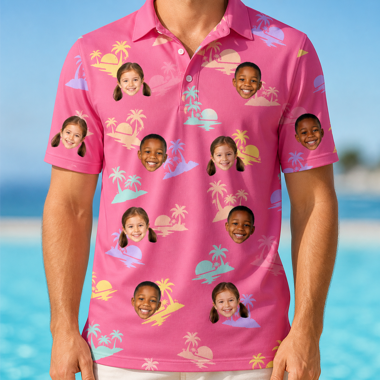 Model wearing Men's Heatwave Hacienda Custom Face Polo Shirt printed with kids' faces