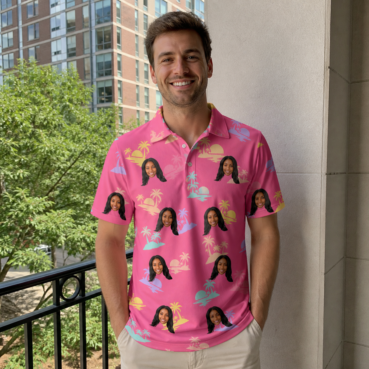 Real-life photo of someone wearing Men's Heatwave Hacienda Custom Face Polo Shirt — custom faces printed all-over