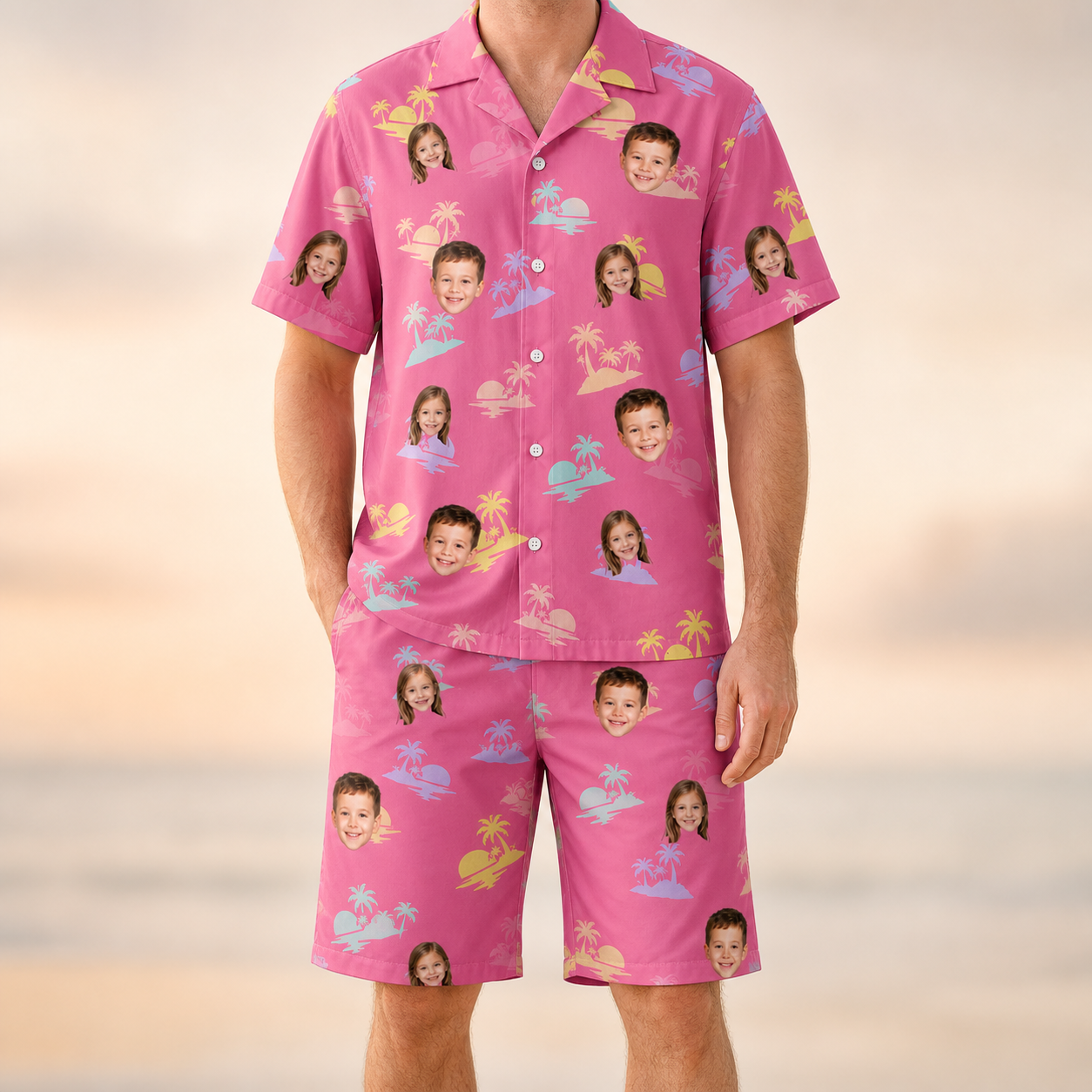 Model wearing Men's Heatwave Hacienda Custom Face Shirt & Shorts Set printed with kids' faces