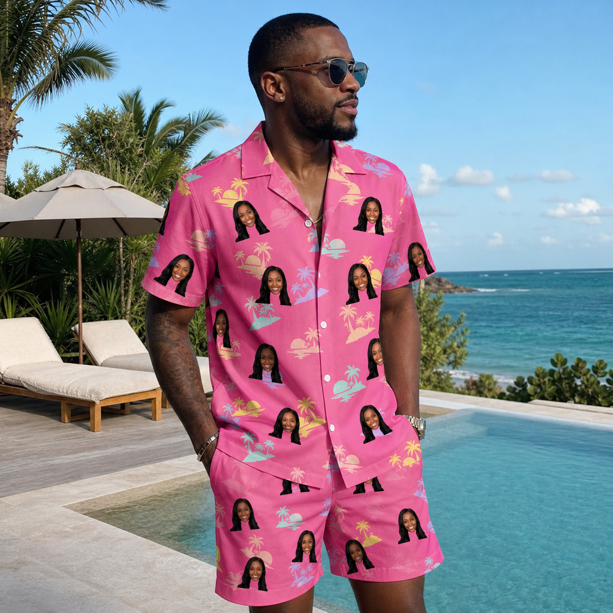 Real-life photo of someone wearing Men's Heatwave Hacienda Custom Face Shirt & Shorts Set — custom faces printed all-over
