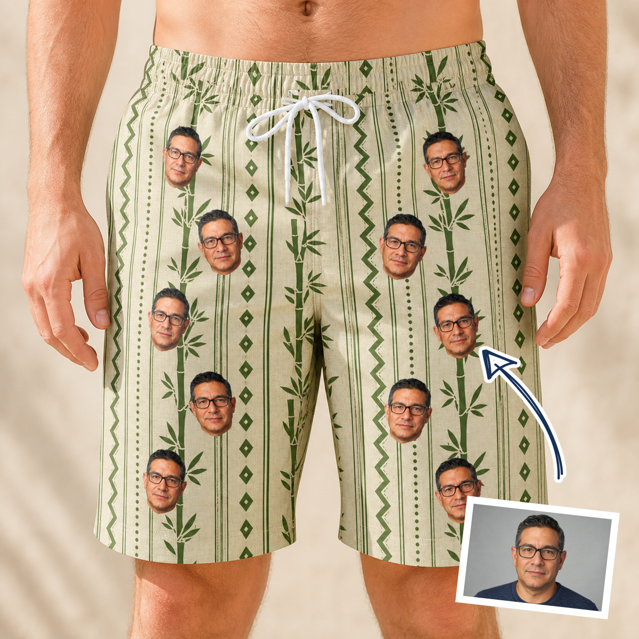 Man wearing Men's Culm Conga Custom Face Beach Shorts — custom faces printed all-over