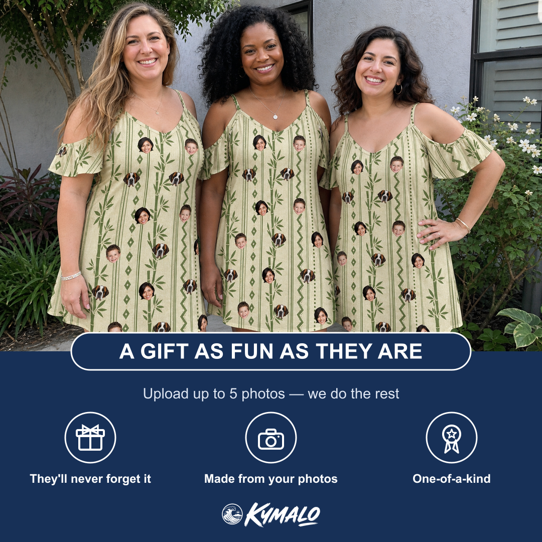 Friends in matching Women's Culm Conga Custom Face Off-Shoulder Dress — a group gift photo