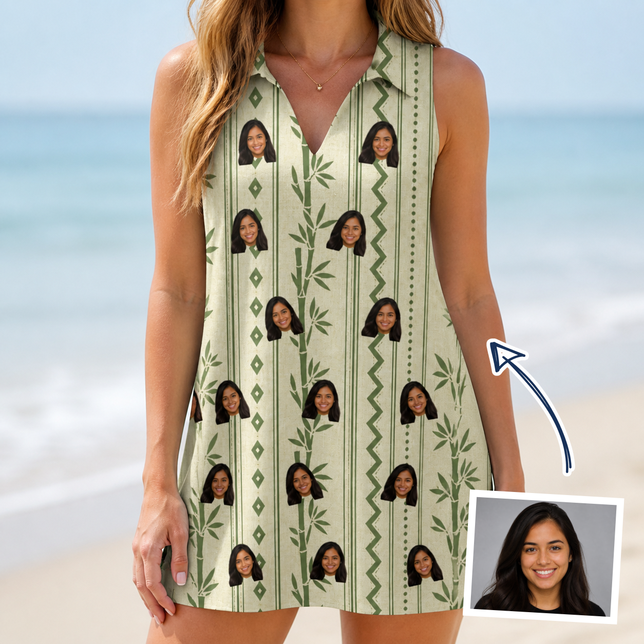 Woman wearing Women's Culm Conga Custom Face V-Neck Dress — custom faces printed all-over