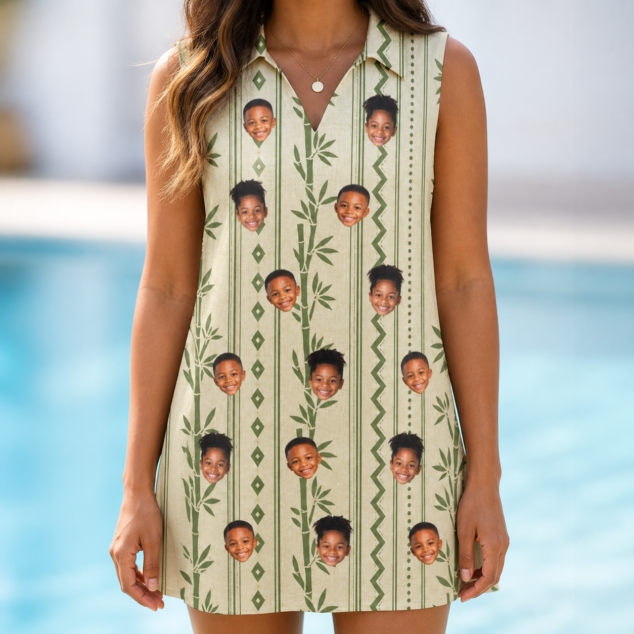 Model wearing Women's Culm Conga Custom Face V-Neck Dress printed with kids' faces