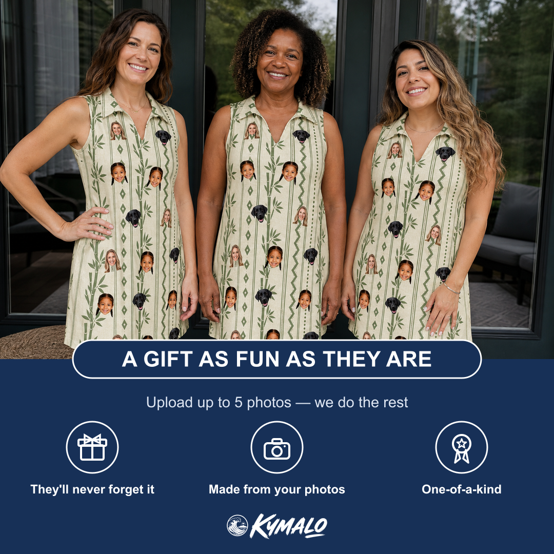 Friends in matching Women's Culm Conga Custom Face V-Neck Dress — a group gift photo