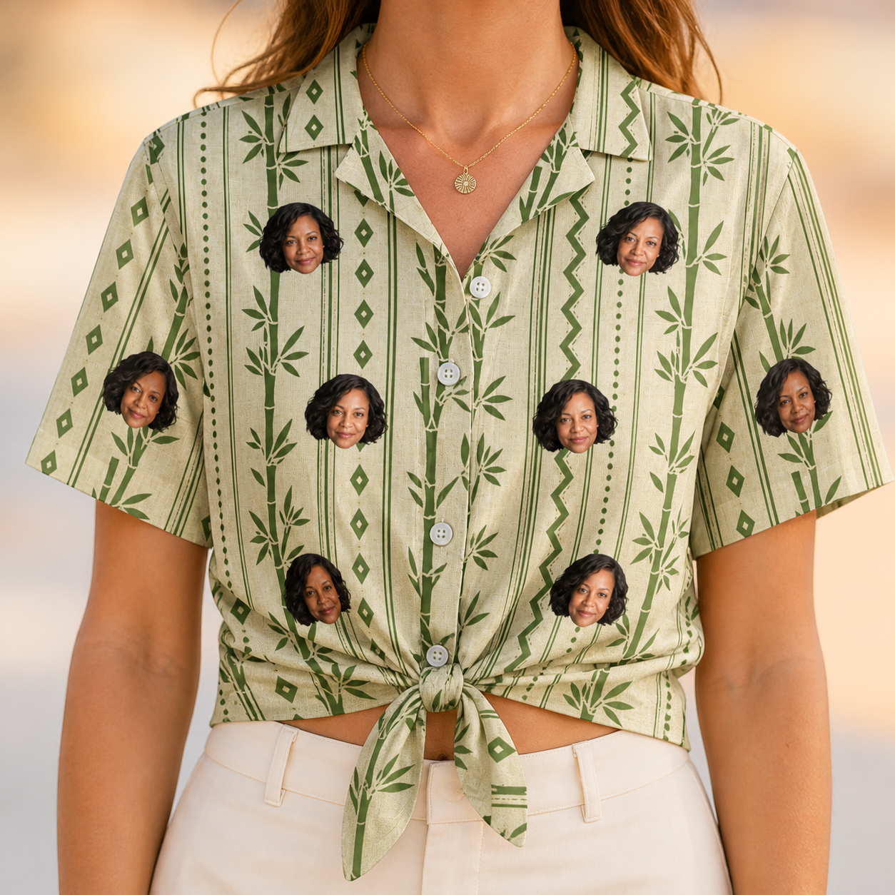 Woman wearing Women's Culm Conga Custom Face Hawaiian Shirt tied at the waist