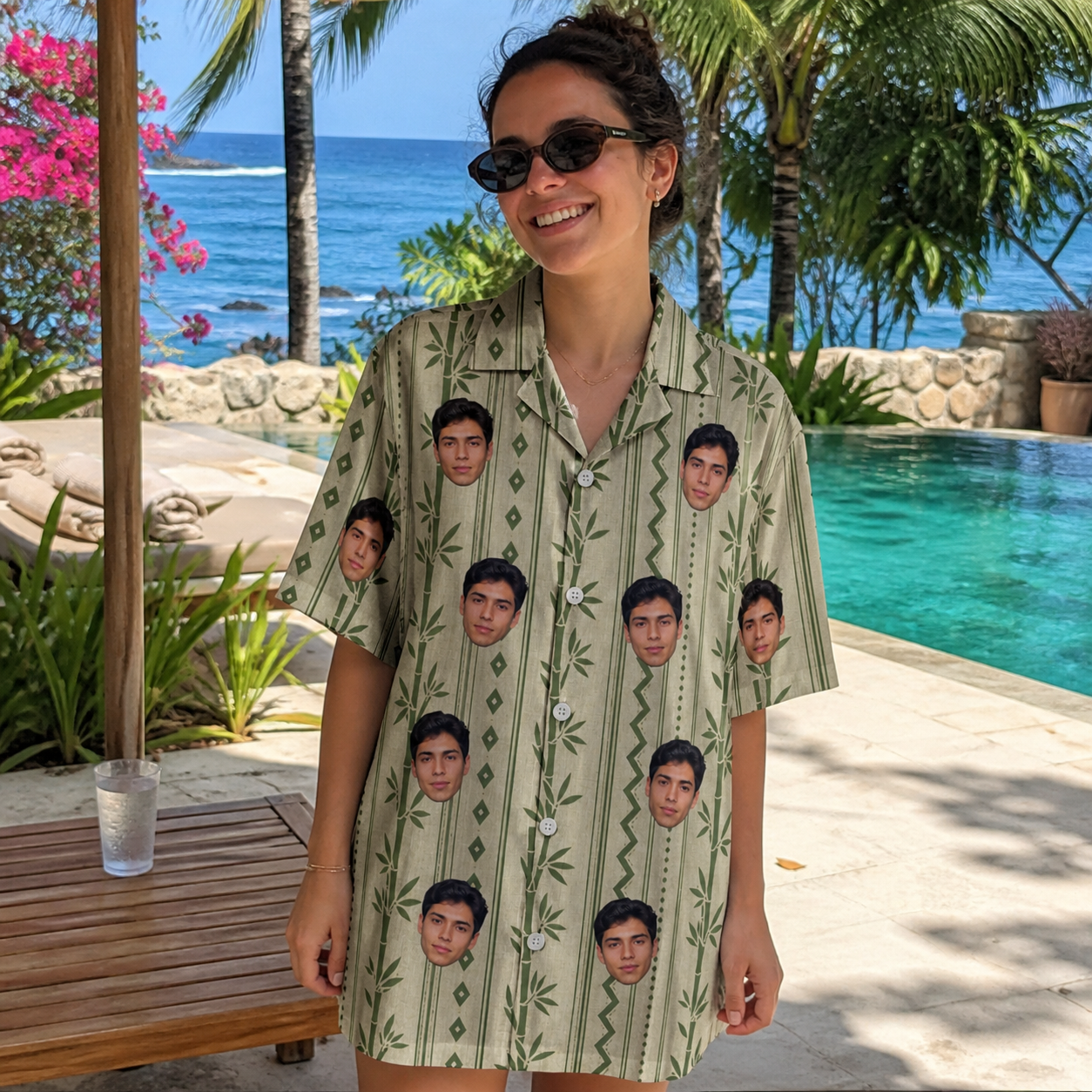 Real-life photo of someone wearing Women's Culm Conga Custom Face Hawaiian Shirt — custom faces printed all-over
