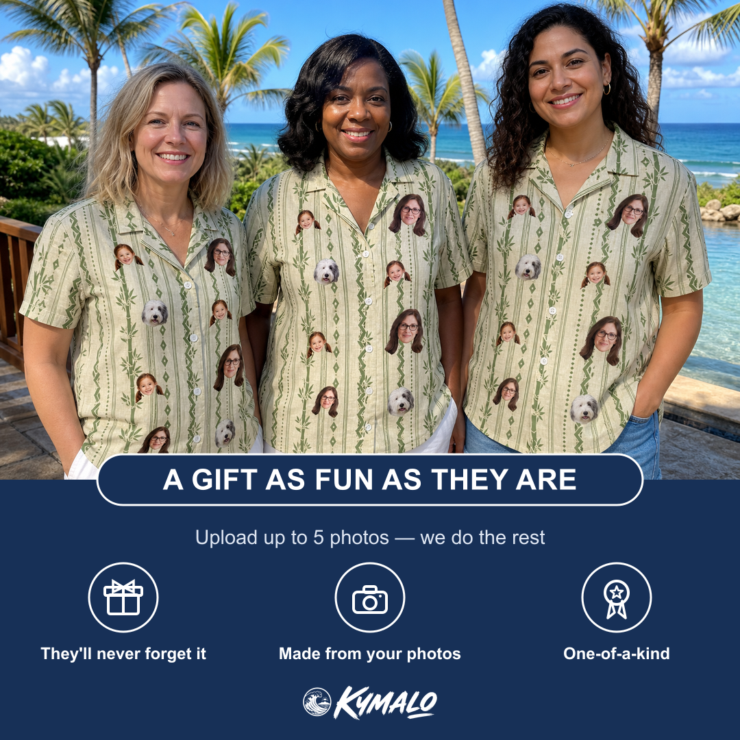 Friends in matching Women's Culm Conga Custom Face Hawaiian Shirt — a group gift photo