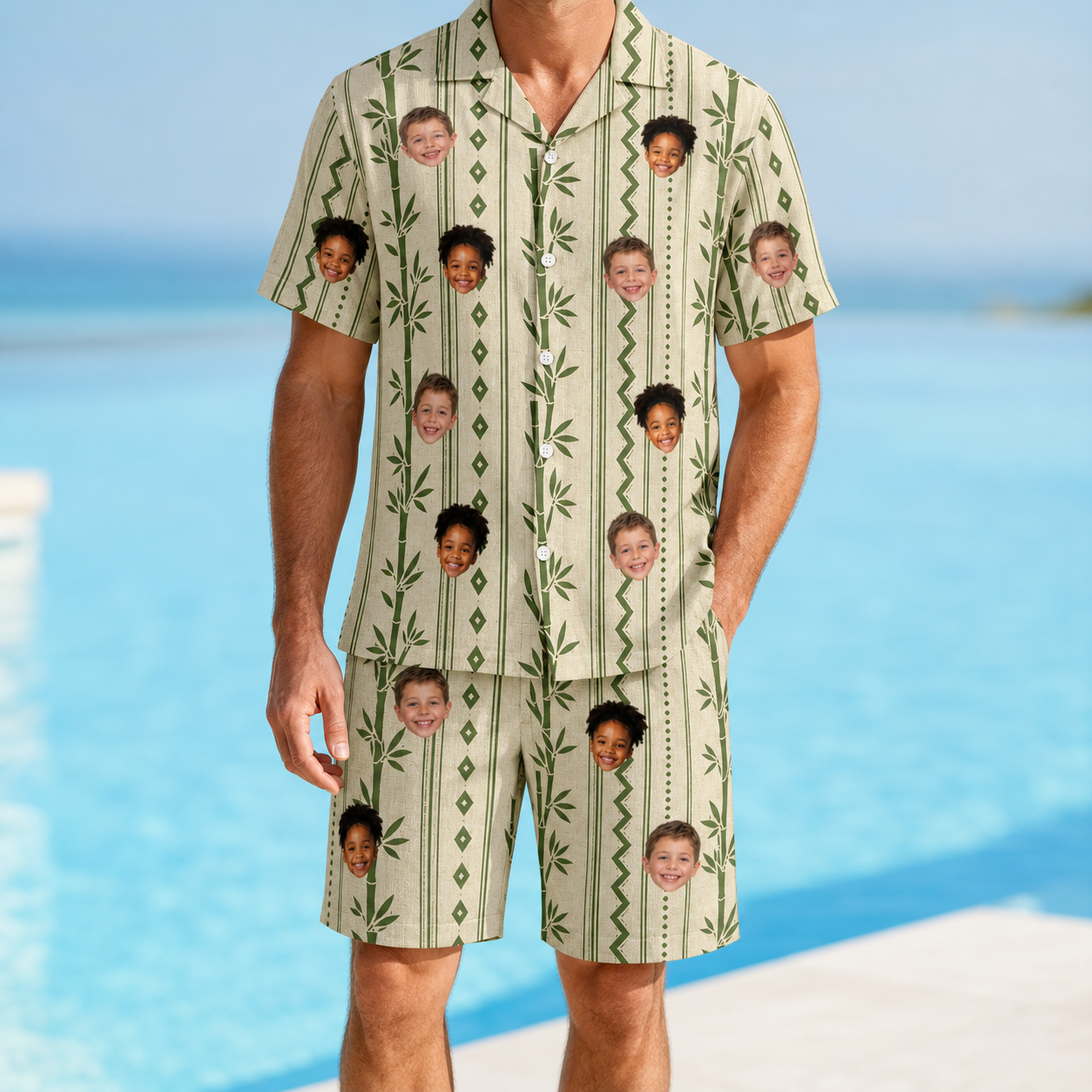 Model wearing Men's Culm Conga Custom Face Shirt & Shorts Set printed with kids' faces
