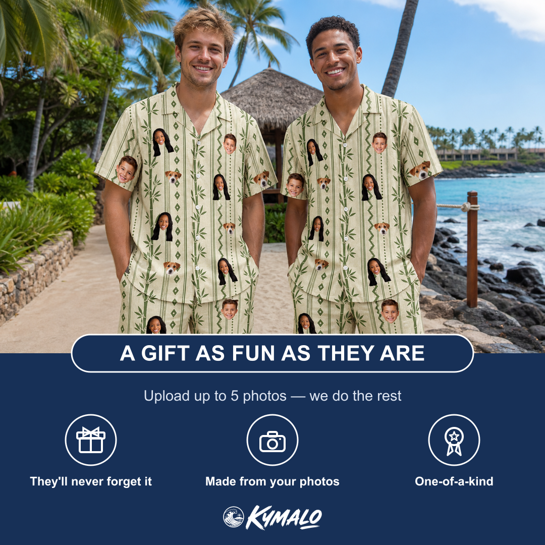 Friends in matching Men's Culm Conga Custom Face Shirt & Shorts Set — a group gift photo