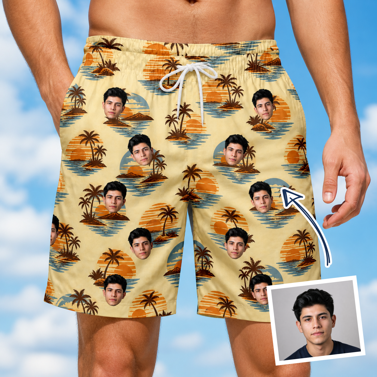 Man wearing Men's Dusk Daze Custom Face Beach Shorts — custom faces printed all-over