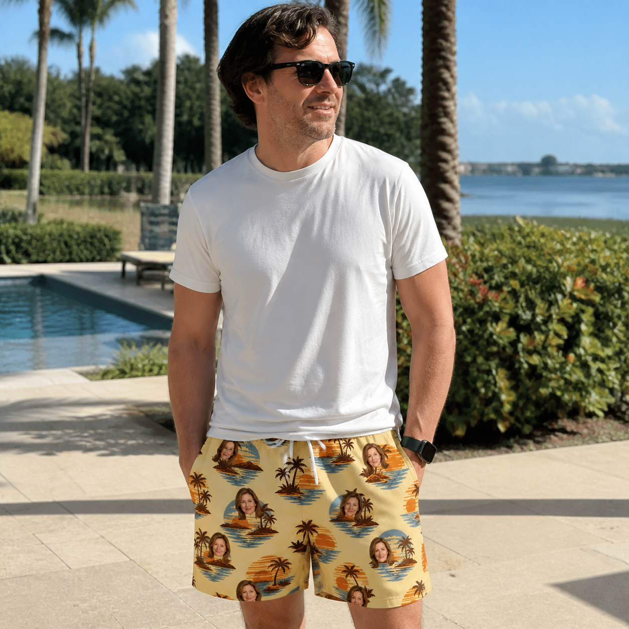 Real-life photo of someone wearing Men's Dusk Daze Custom Face Beach Shorts — custom faces printed all-over