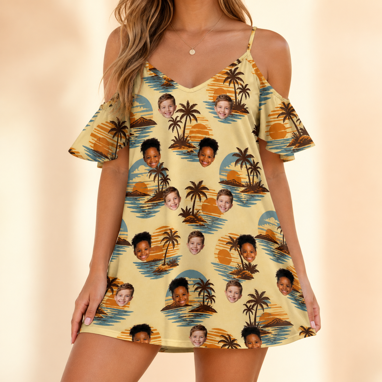 Model wearing Women's Dusk Daze Custom Face Off-Shoulder Dress printed with kids' faces