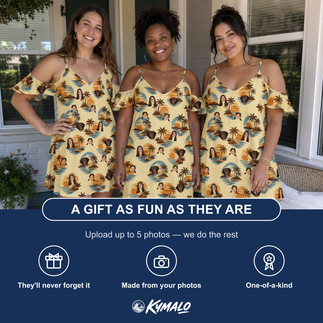 Friends in matching Women's Dusk Daze Custom Face Off-Shoulder Dress — a group gift photo