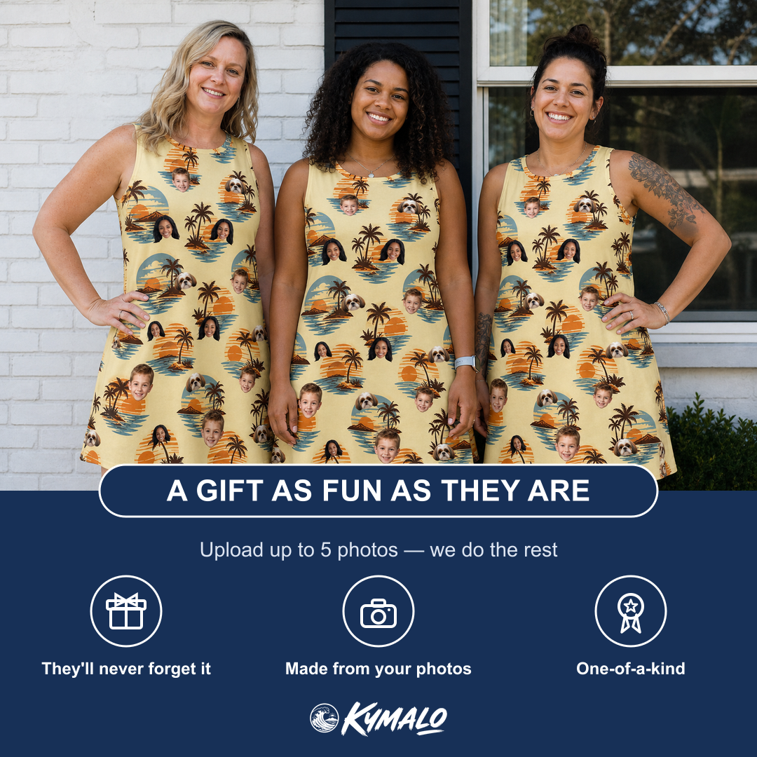 Friends in matching Women's Dusk Daze Custom Face Tank Dress — a group gift photo