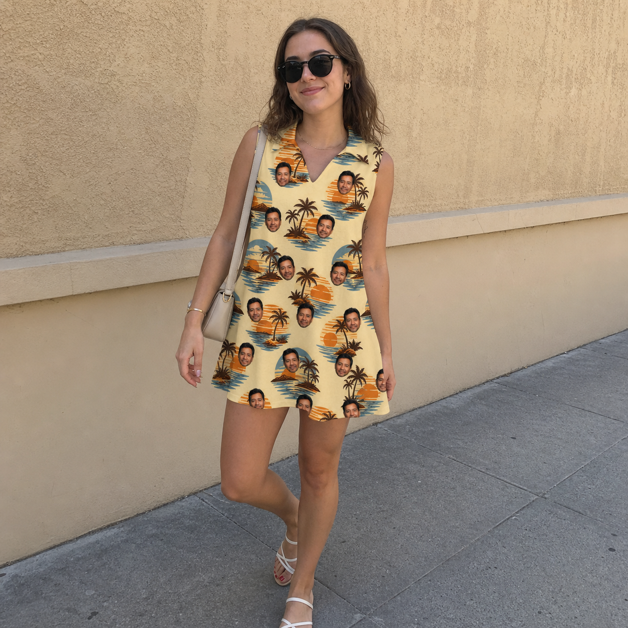 Real-life photo of someone wearing Women's Dusk Daze Custom Face V-Neck Dress — custom faces printed all-over