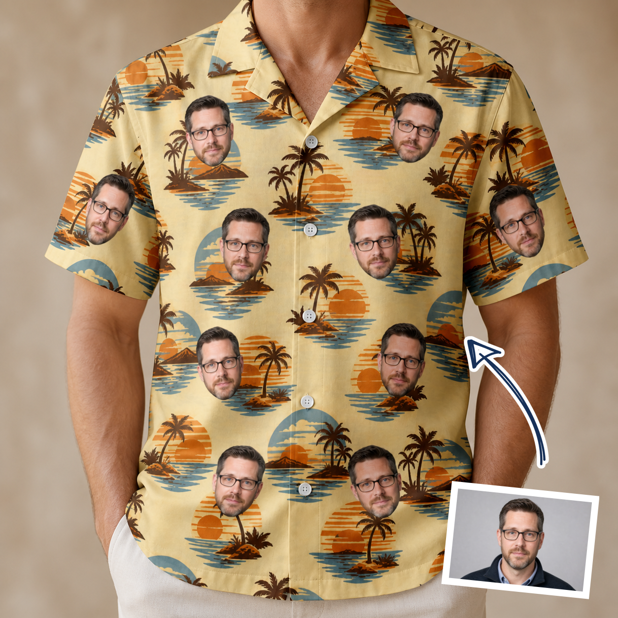 Man wearing Men's Dusk Daze Custom Face Hawaiian Shirt — custom faces printed all-over