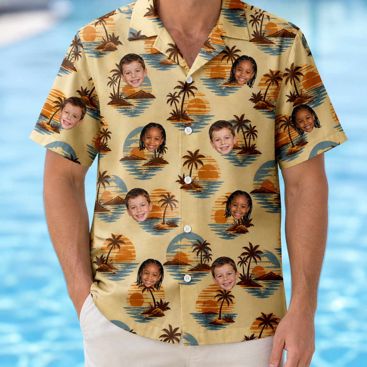 Model wearing Men's Dusk Daze Custom Face Hawaiian Shirt printed with kids' faces