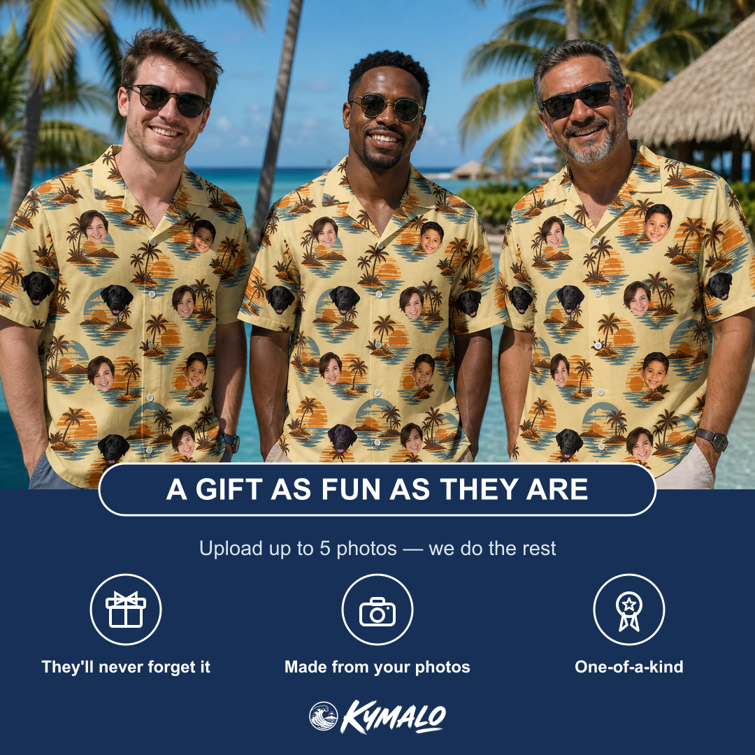 Friends in matching Men's Dusk Daze Custom Face Hawaiian Shirt — a group gift photo