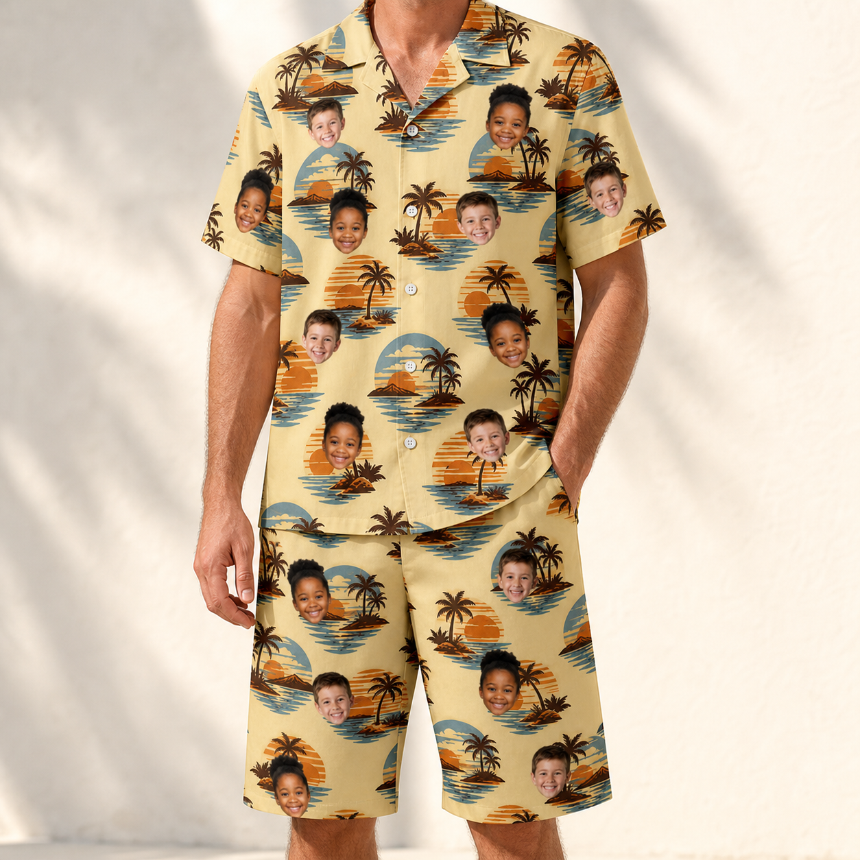 Model wearing Men's Dusk Daze Custom Face Shirt & Shorts Set printed with kids' faces