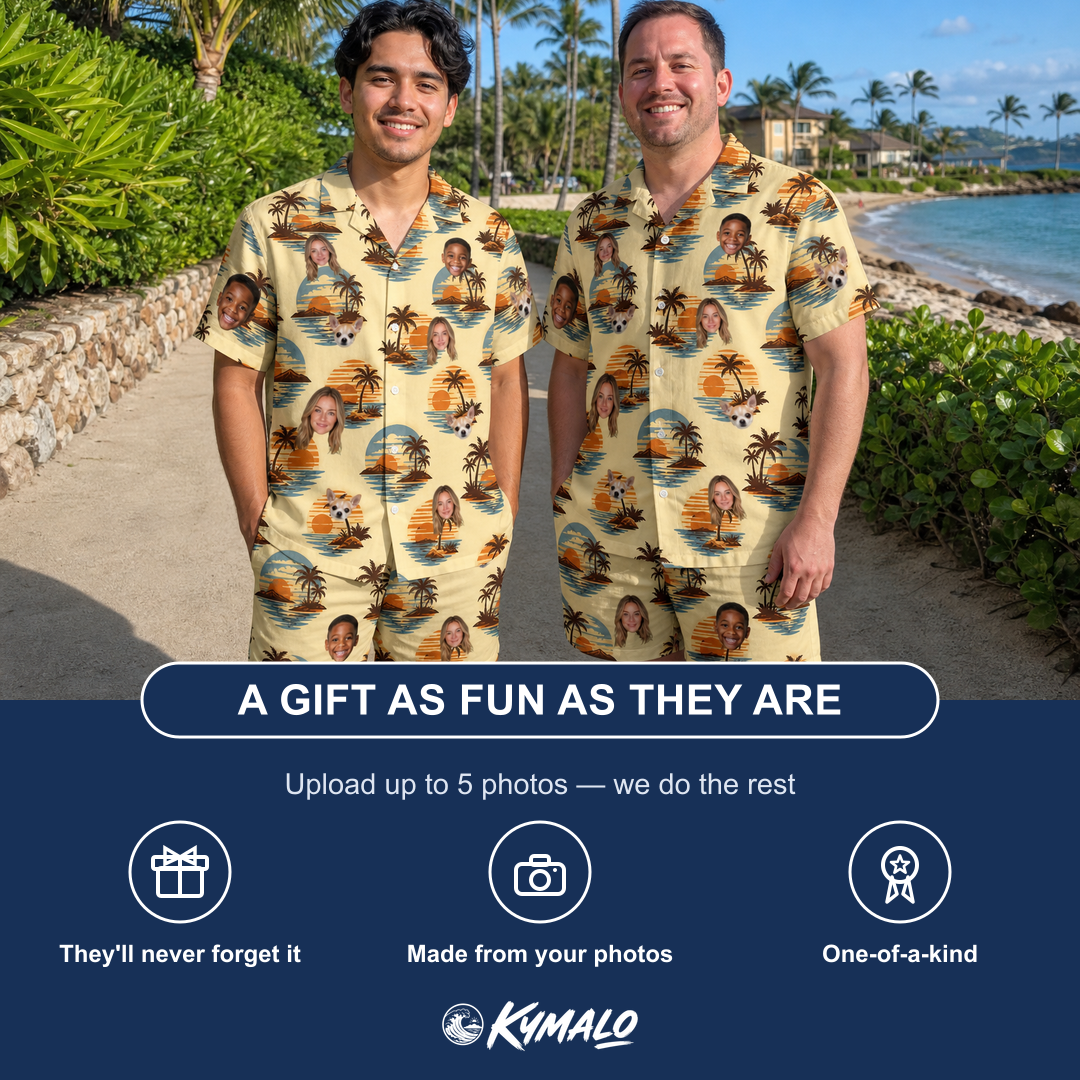 Friends in matching Men's Dusk Daze Custom Face Shirt & Shorts Set — a group gift photo