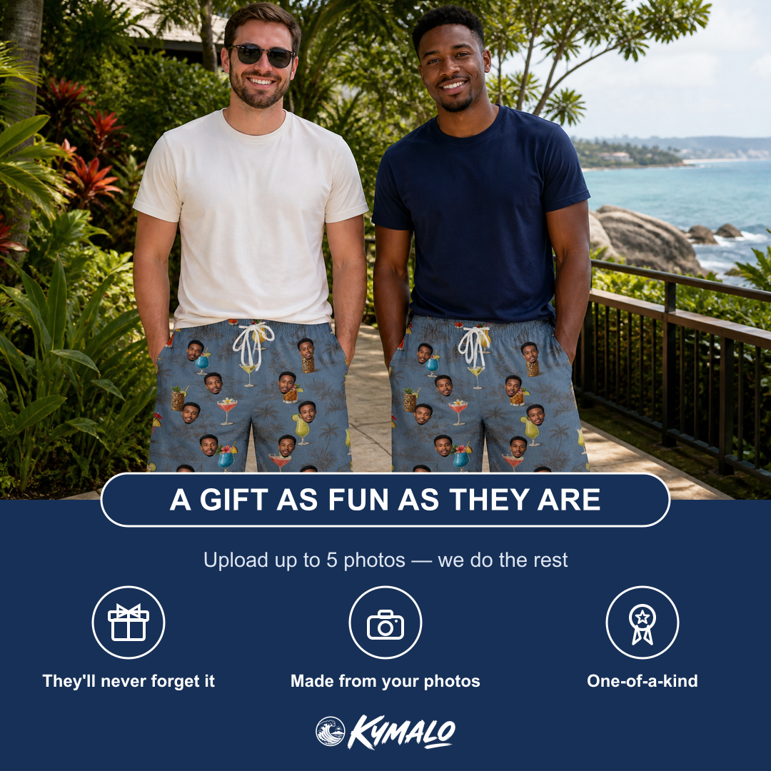 Friends in matching Men's Lounge Libations Custom Face Beach Shorts — a group gift photo