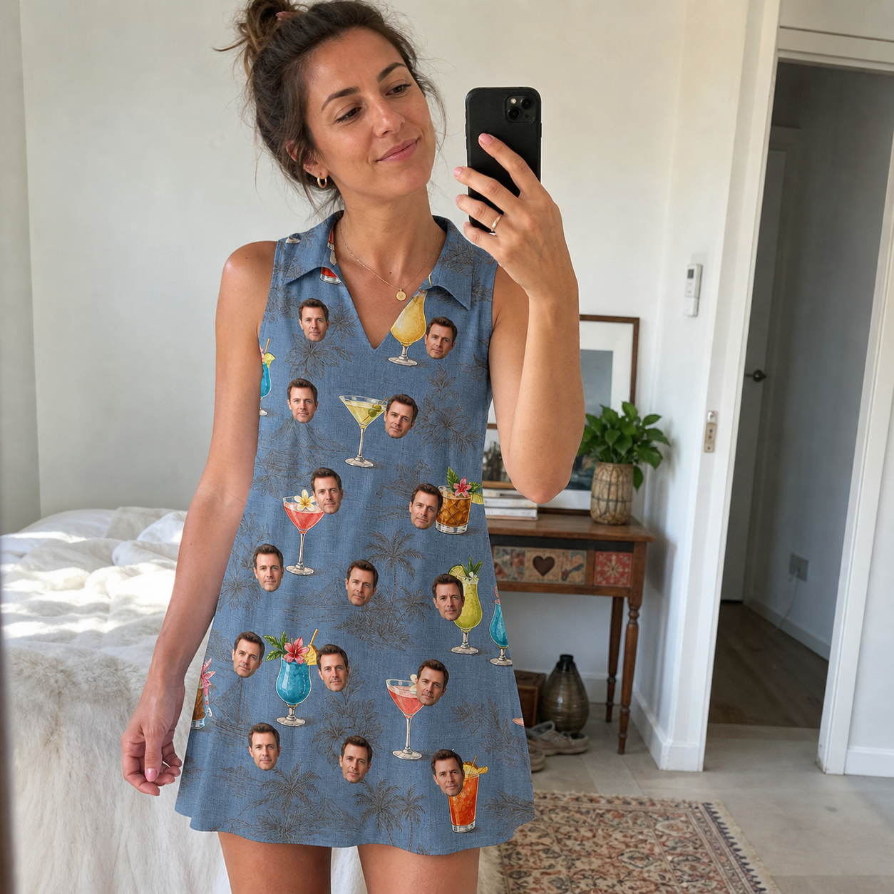 Real-life photo of someone wearing Women's Lounge Libations Custom Face V-Neck Dress — custom faces printed all-over