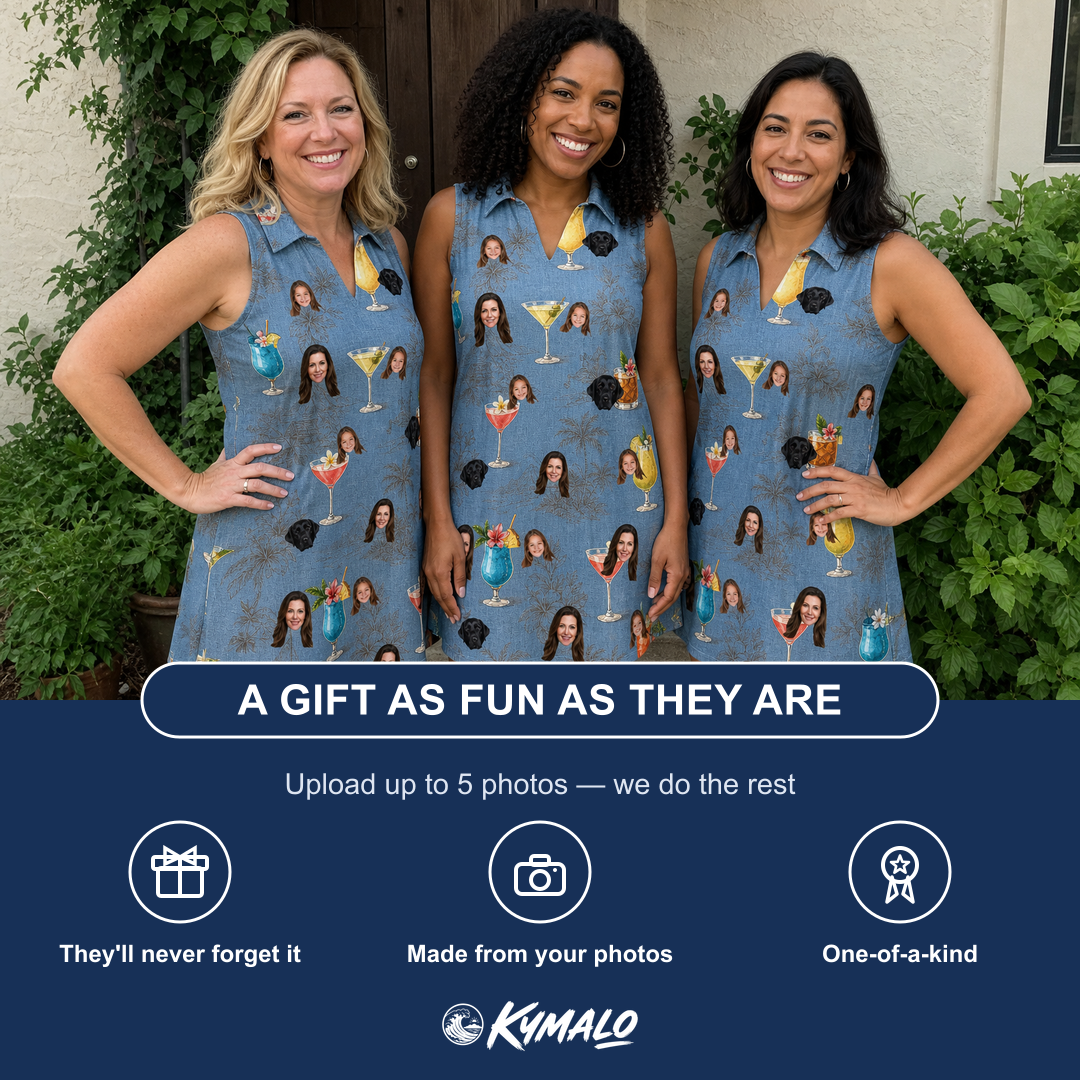 Friends in matching Women's Lounge Libations Custom Face V-Neck Dress — a group gift photo