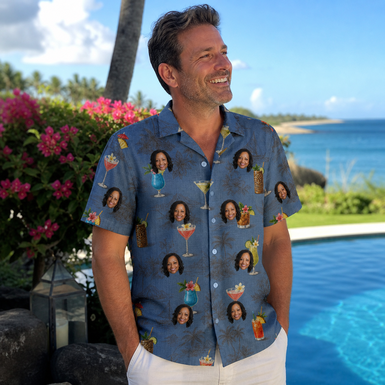 Real-life photo of someone wearing Men's Lounge Libations Custom Face Hawaiian Shirt — custom faces printed all-over