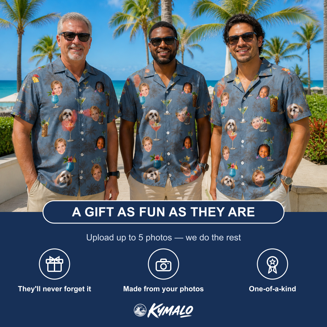 Friends in matching Men's Lounge Libations Custom Face Hawaiian Shirt — a group gift photo