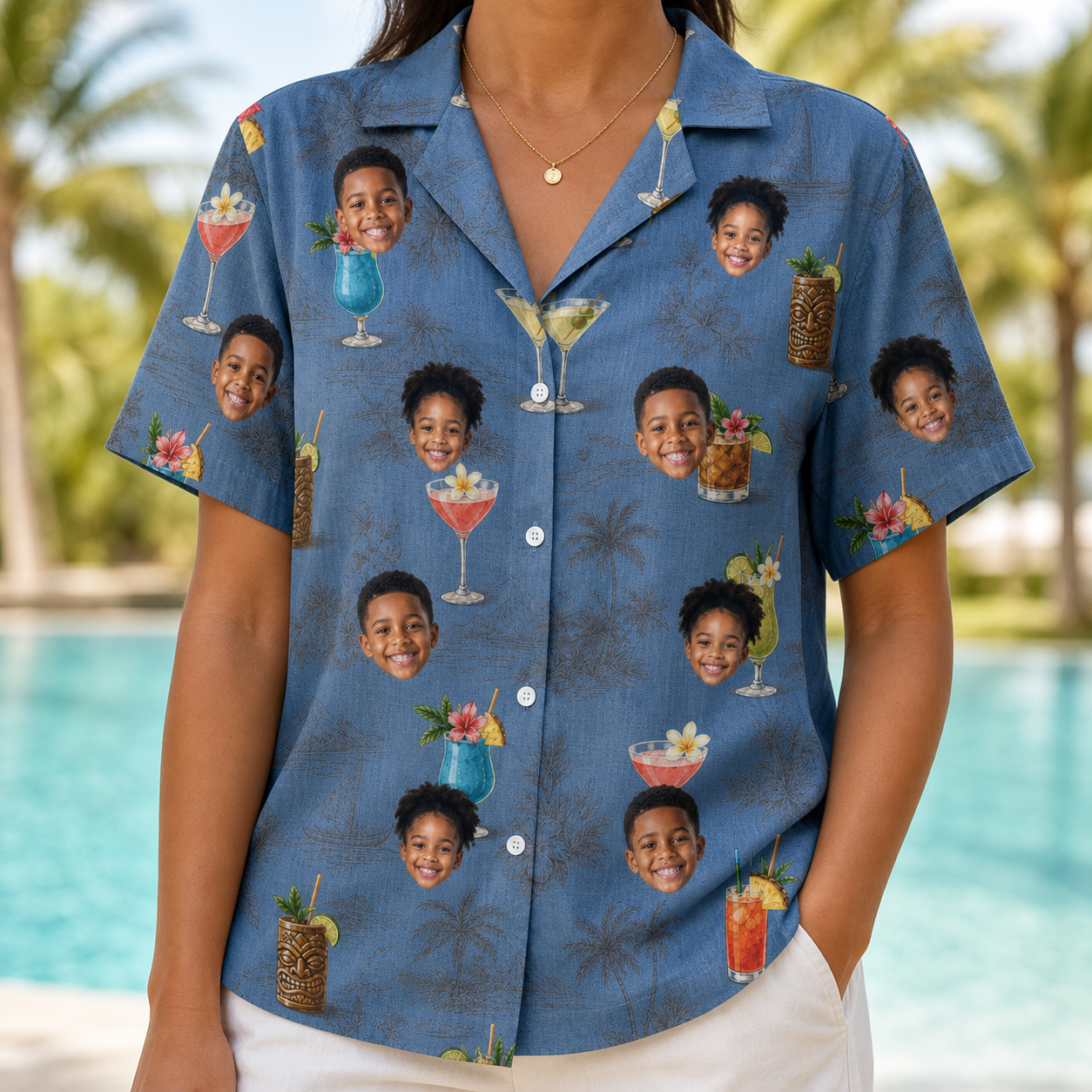 Model wearing Women's Lounge Libations Custom Face Hawaiian Shirt printed with kids' faces