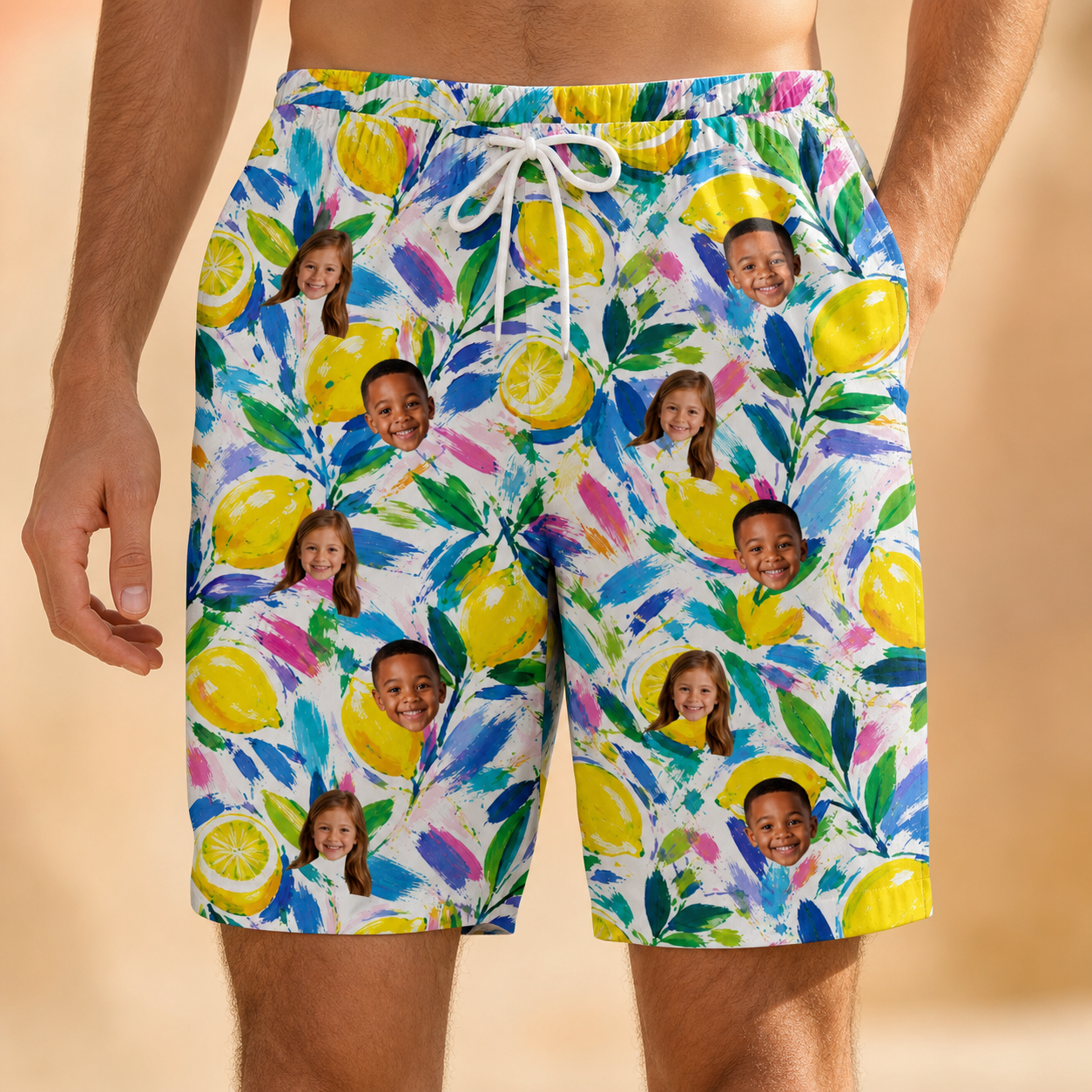 Model wearing Men's Citron Confetti Custom Face Beach Shorts printed with kids' faces