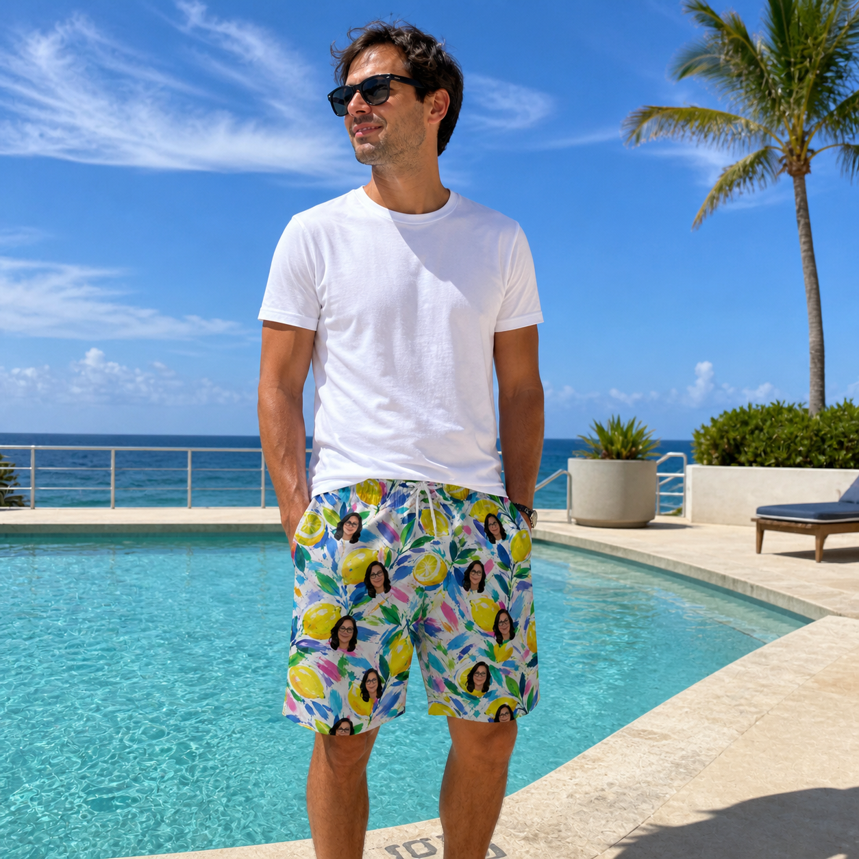 Real-life photo of someone wearing Men's Citron Confetti Custom Face Beach Shorts — custom faces printed all-over
