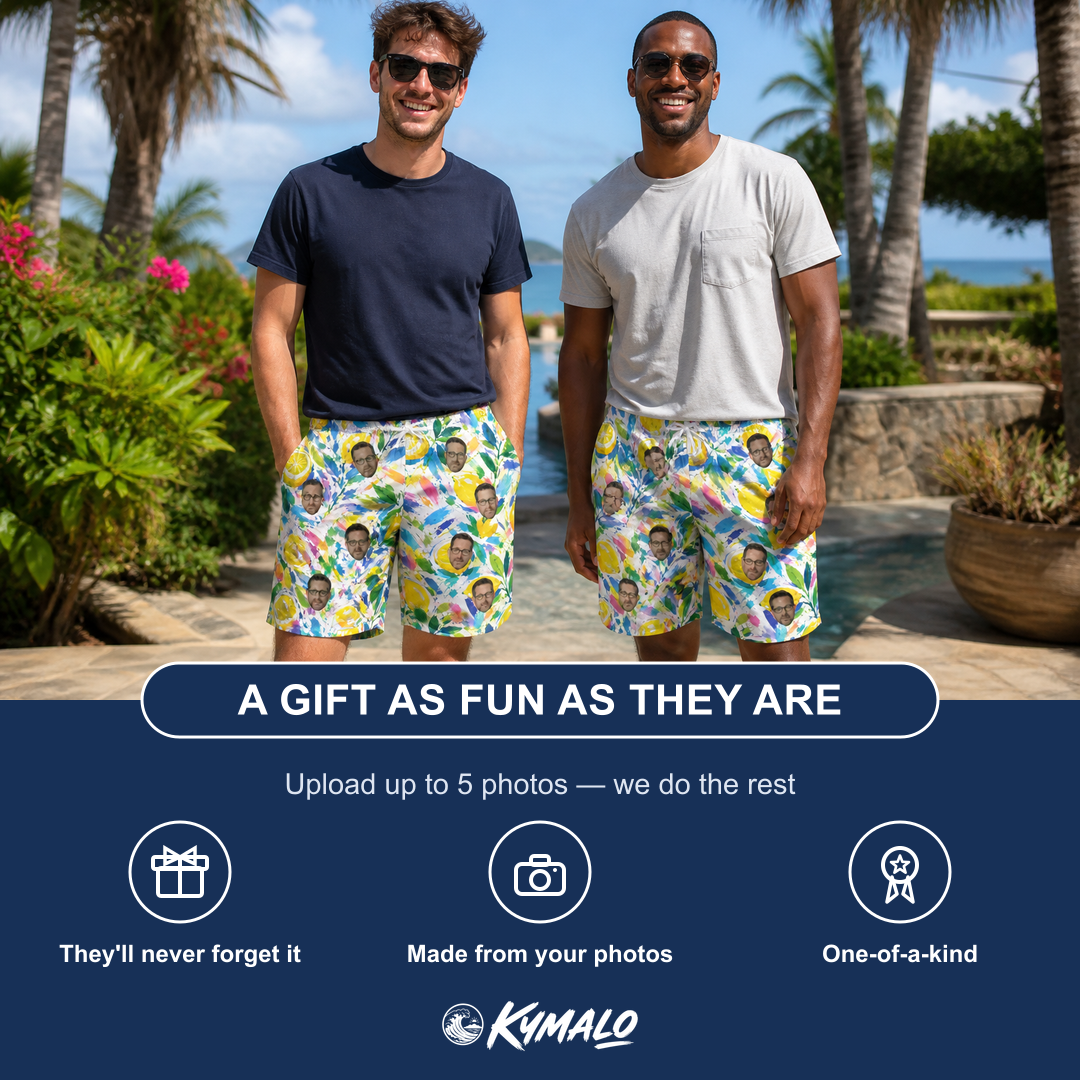 Friends in matching Men's Citron Confetti Custom Face Beach Shorts — a group gift photo